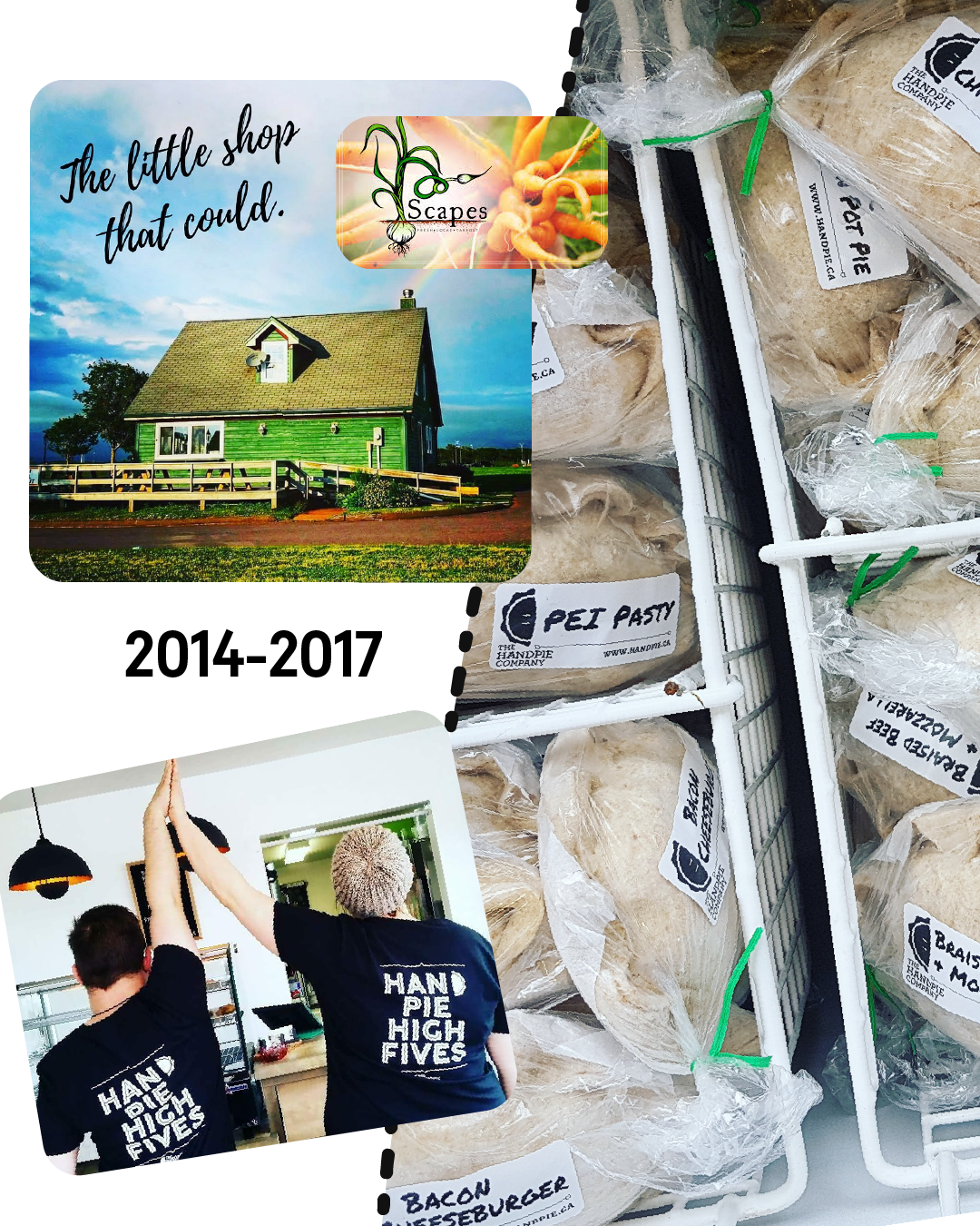 A collage showing photos from the beginnings of The Handpie Company
