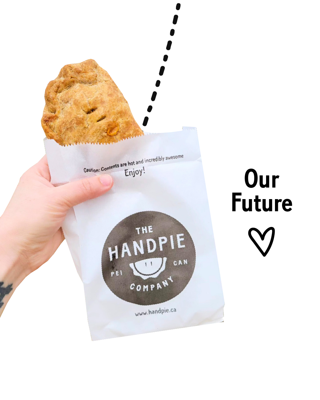 A hand holding a hot handpie in the air for the best takeout in PEI