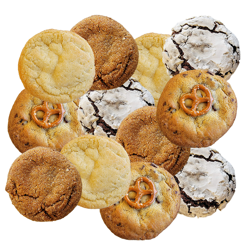 An assorted dozen of our cookies including chocolate crinkle, ginger molasses, lemon vanilla, and chocolate chip pretzel