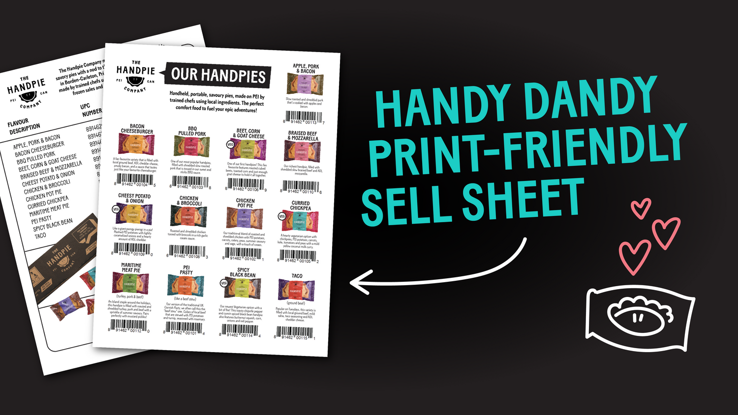 A print-friendly sell sheet for The Handpie Company in Prince Edward Island